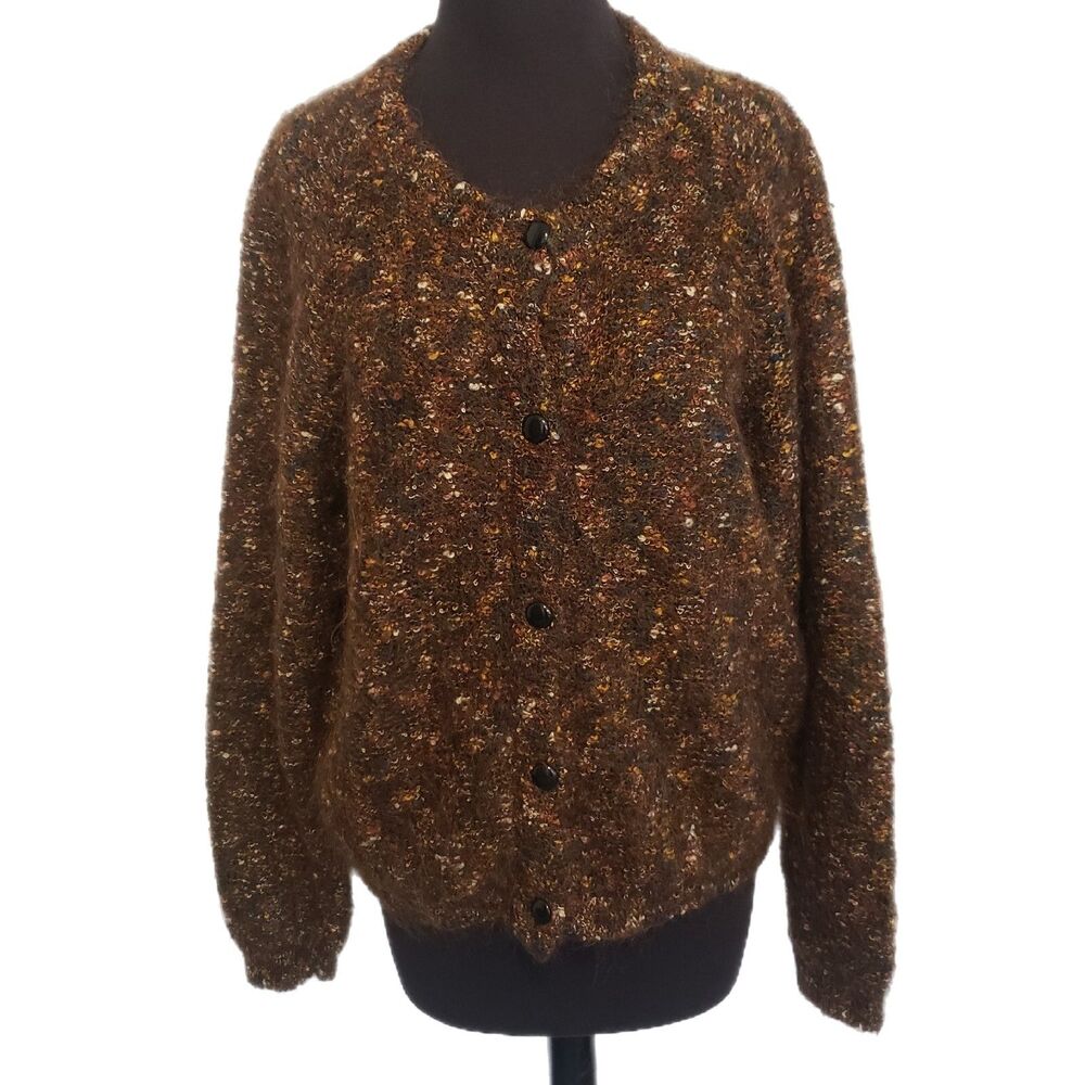Vtg Brown Speckled Mohair Blend Eyelash Cardigan Sweater Size Med Artsy